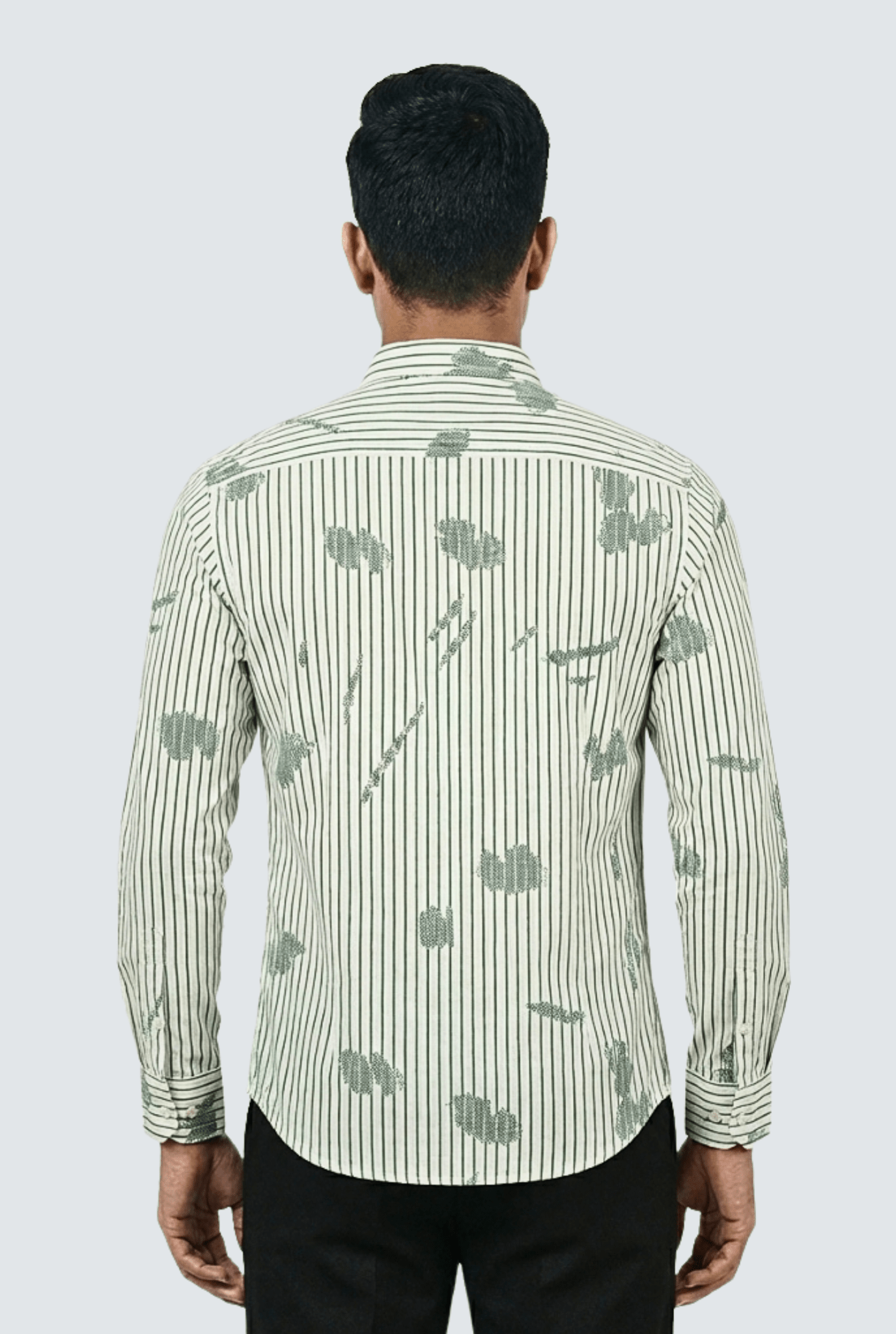 “Back view of men’s white and green striped printed shirt – regular fit”