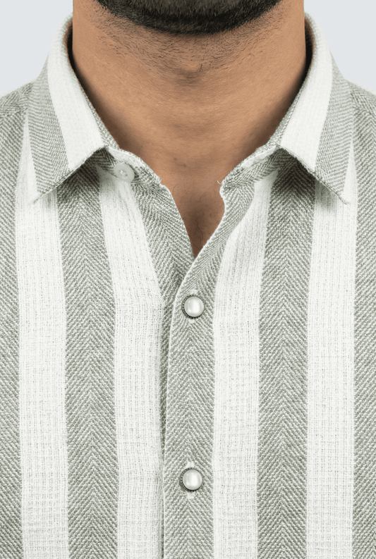 White & Olive Green Stripe Waffle Dobby Cotton Shirt - KITES CLUB