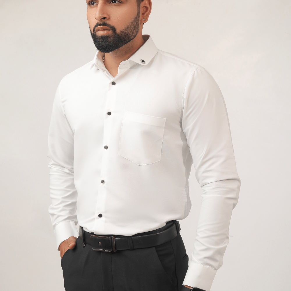 White cotton men's shirt – slim fit front view