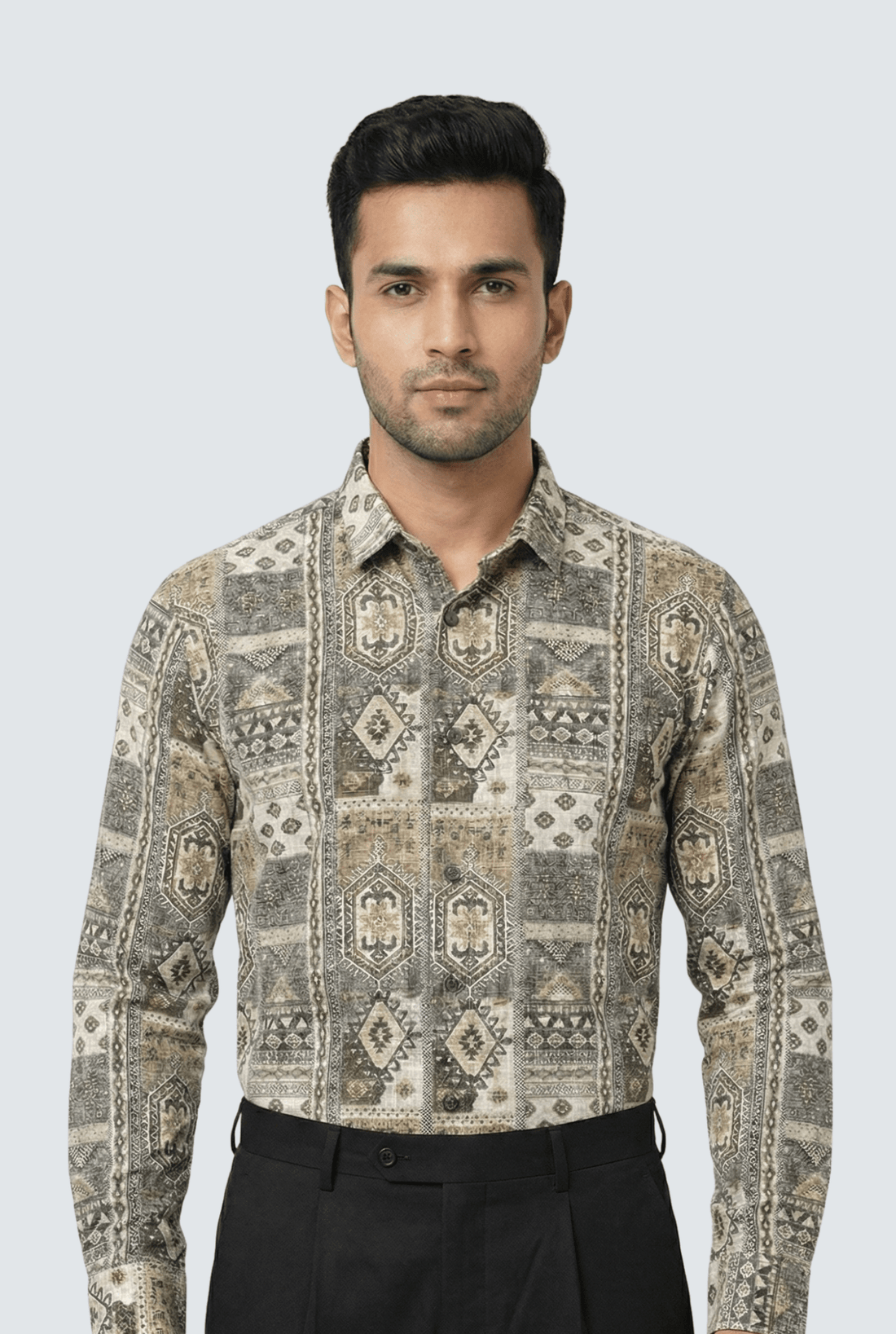 Beige Geometric Printed Shirt for Men – Premium Tribal-Inspired Casual Wear by Kites Club