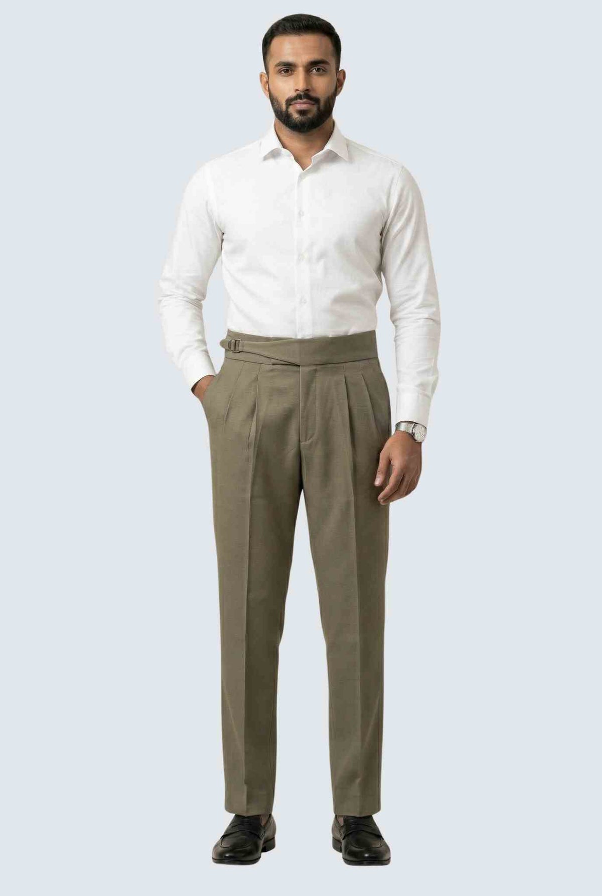 Men's olive casual trousers with belt, pleated front, and straight leg