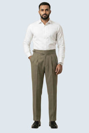 Men's olive casual trousers with belt, pleated front, and straight leg
