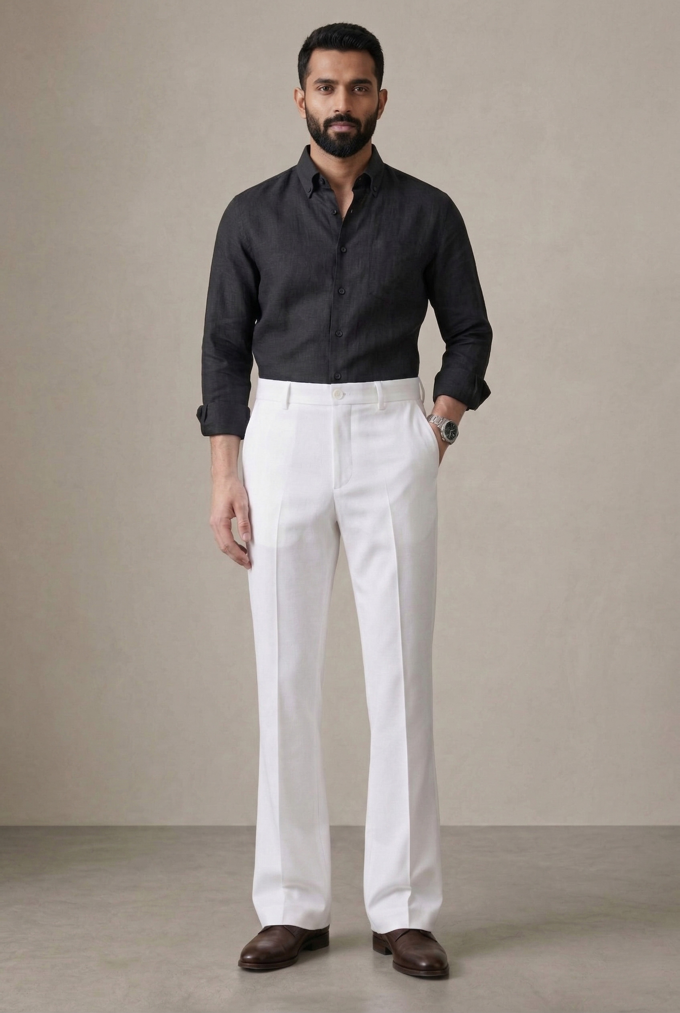Men's white bootcut trousers with relaxed fit and button waistband