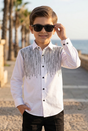 Kids white dress shirt with vertical black sequin fringe on the front and long sleeves