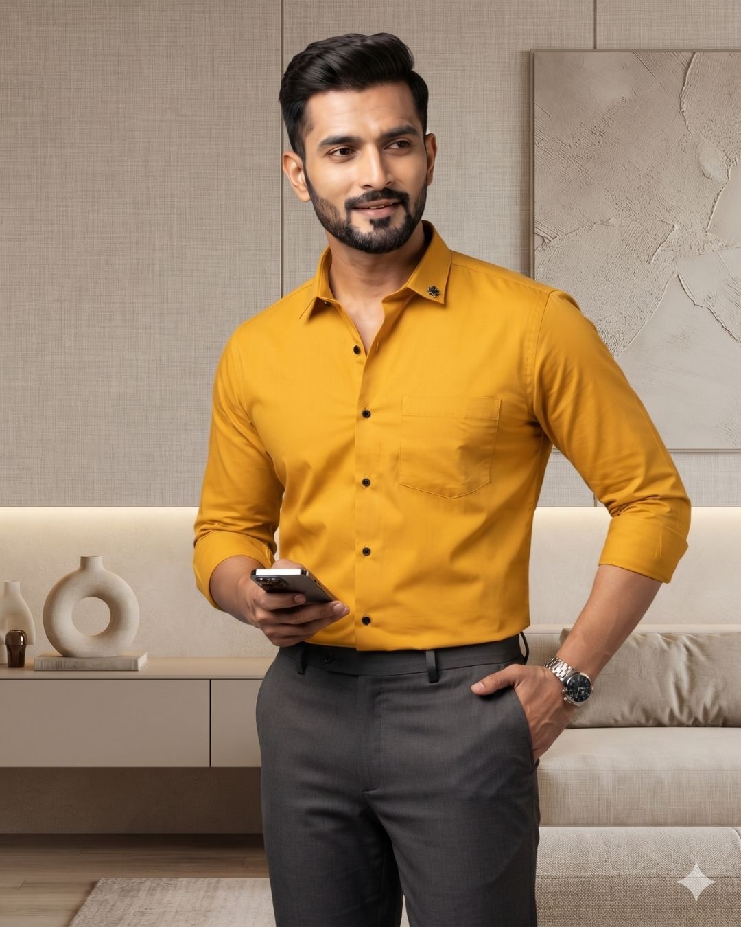 Yellow cotton button-up shirt with collar and long sleeves