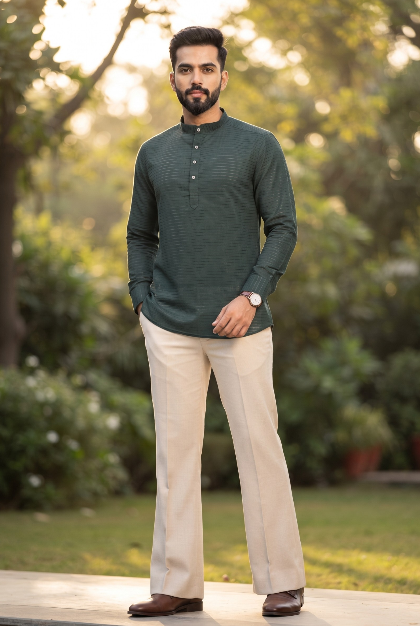 Men's bottle-green short kurta with button front and long sleeves, worn with beige pants