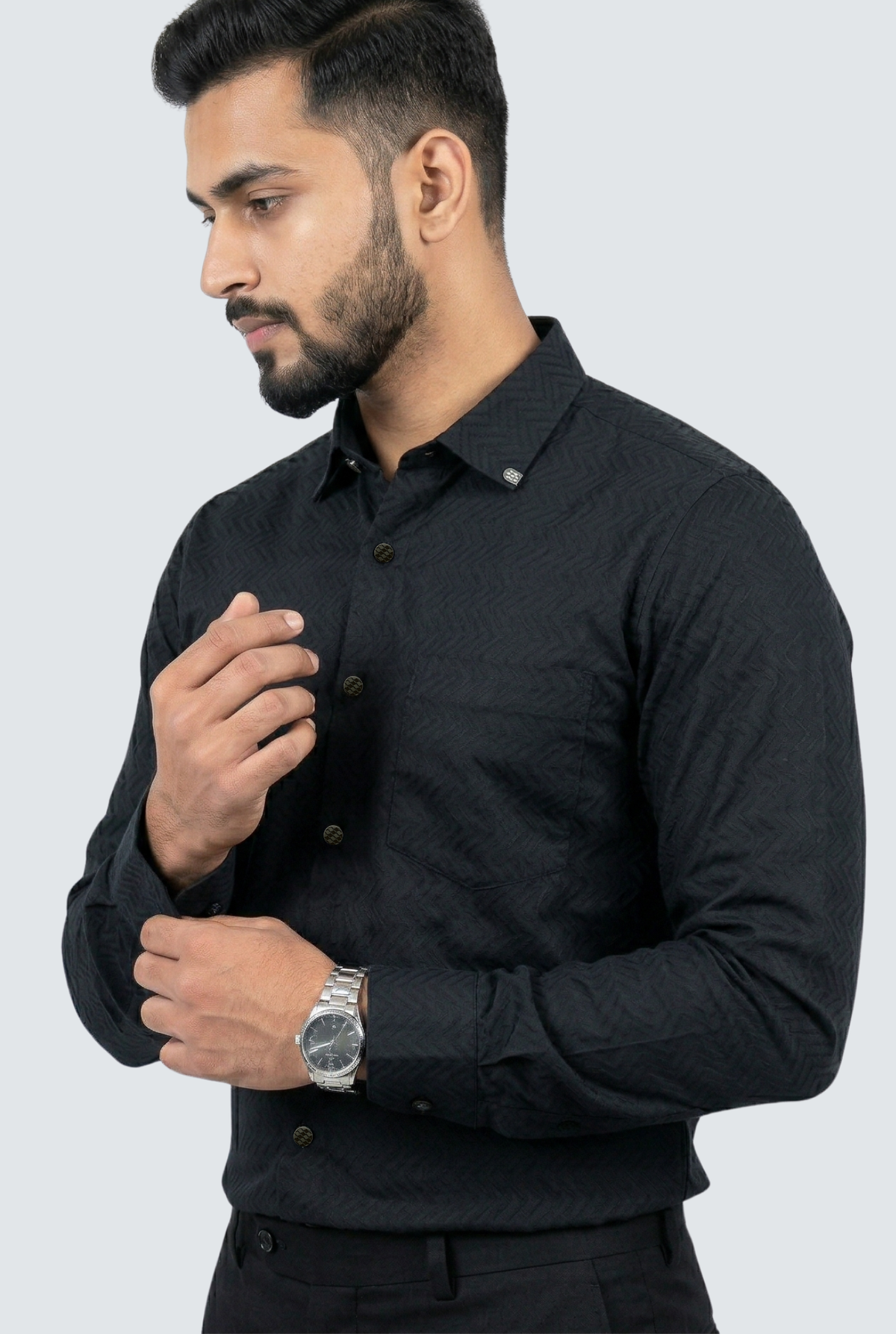 Men's black slim-fit dobby cotton shirt, long sleeves, button placket