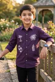 Boys purple twill button-up shirt with white printed motifs and button front