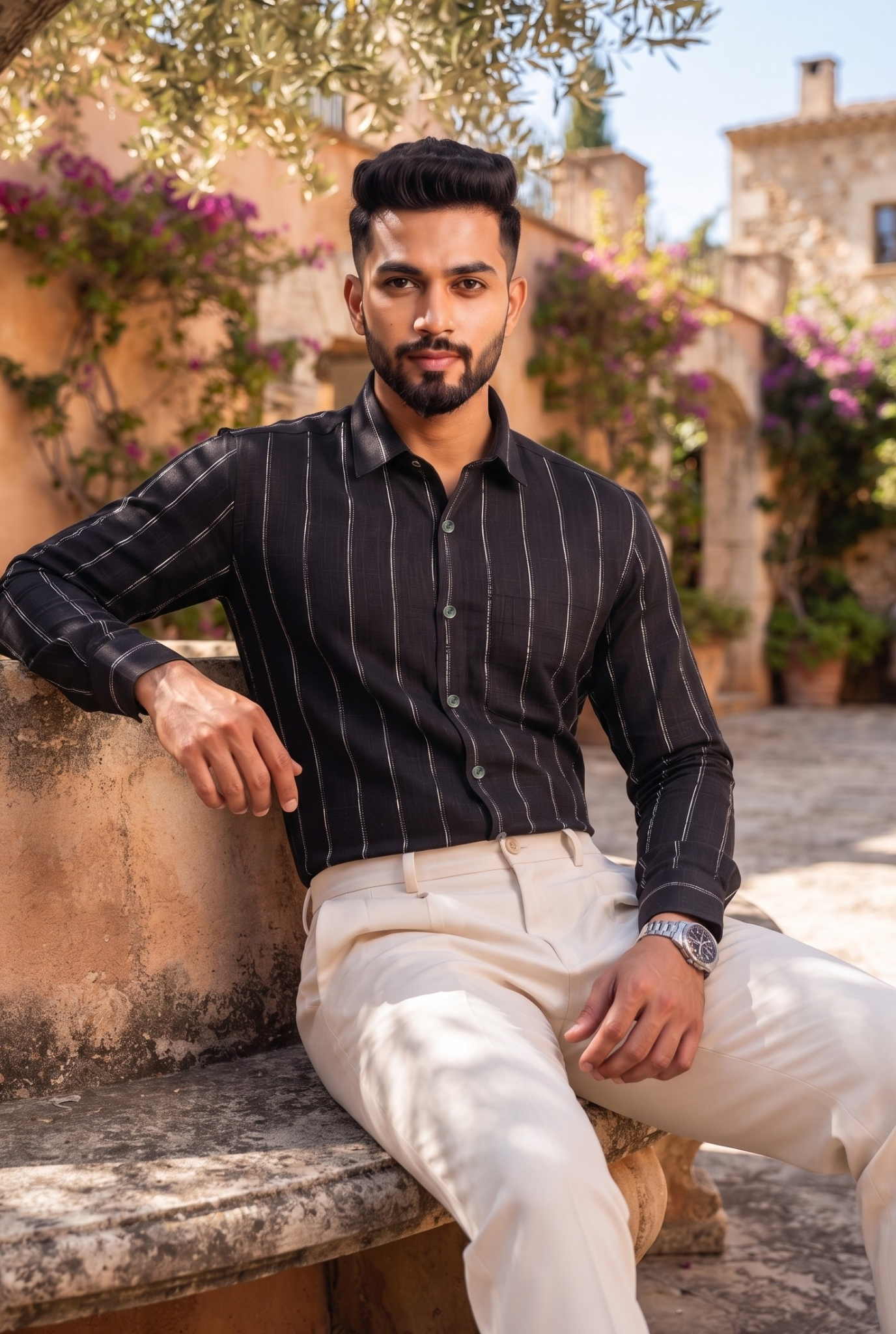 Men's black linen stripe shirt, relaxed fit, buttons and chest stripes
