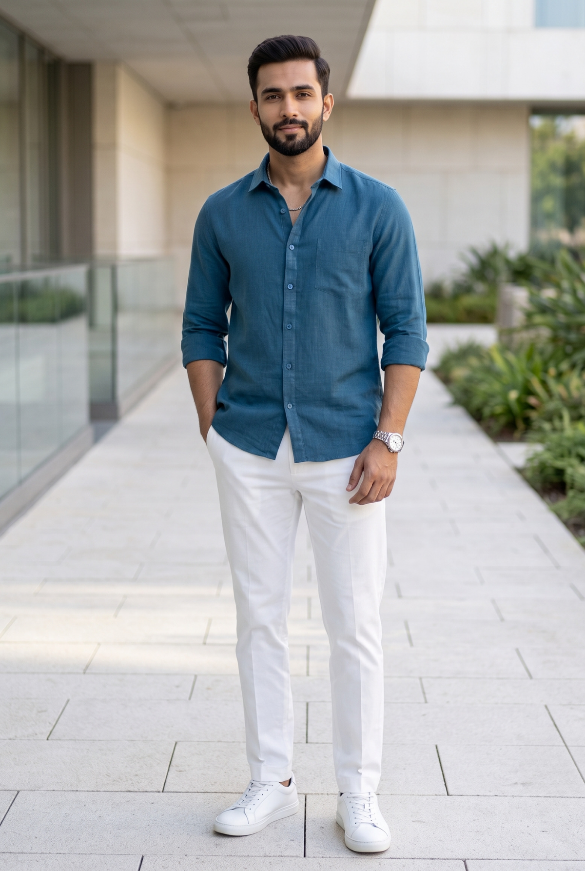 Men's Rama linen shirt in teal blue with 3/4 sleeves, paired with white pants