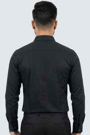 Black slim-fit dobby cotton shirt back view with stand collar