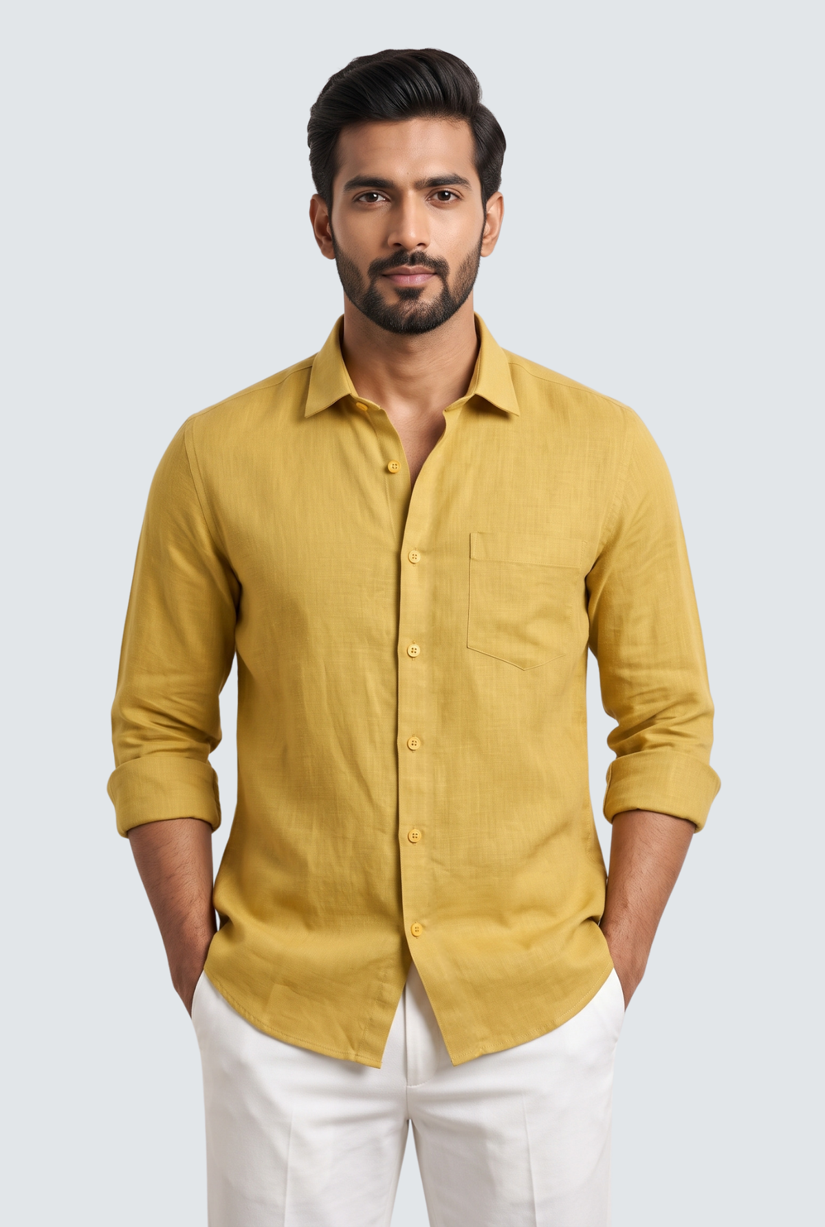Yellow linen button-up shirt with chest pocket, long sleeves, spread collar