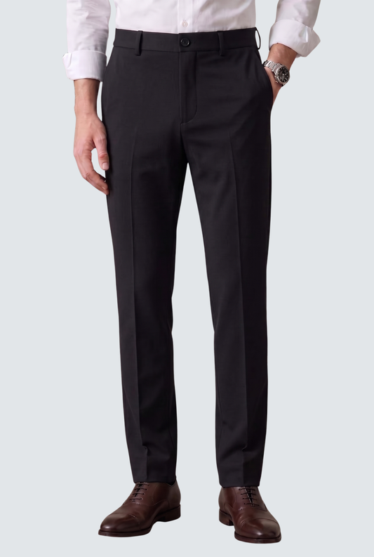 Black slim-fit trousers with button waistband and straight legs
