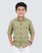 Boys' olive green cotton button-up shirt with two chest pockets