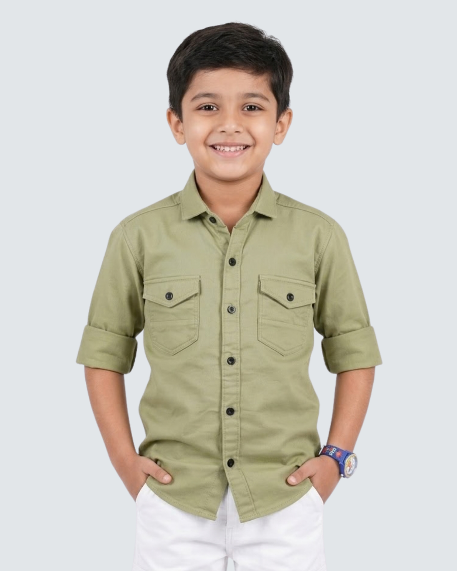 Boys' olive green cotton button-up shirt with two chest pockets