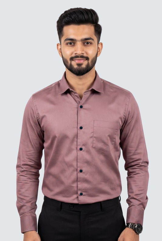 Men's satin-cotton button-up shirt in dusty mauve, long sleeves, chest pocket