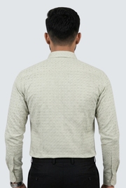 Men's satin printed shirt, light green geometric pattern, back view