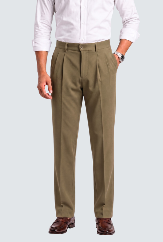 Men's gurkha trousers with straight leg in olive green, pleated front, button waist closure