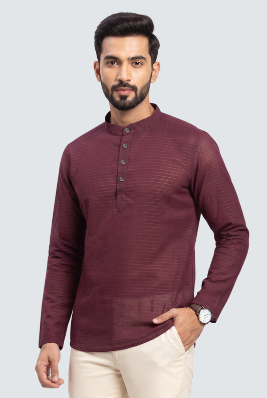 Men's short wine kurta with mandarin collar and button placket, front view