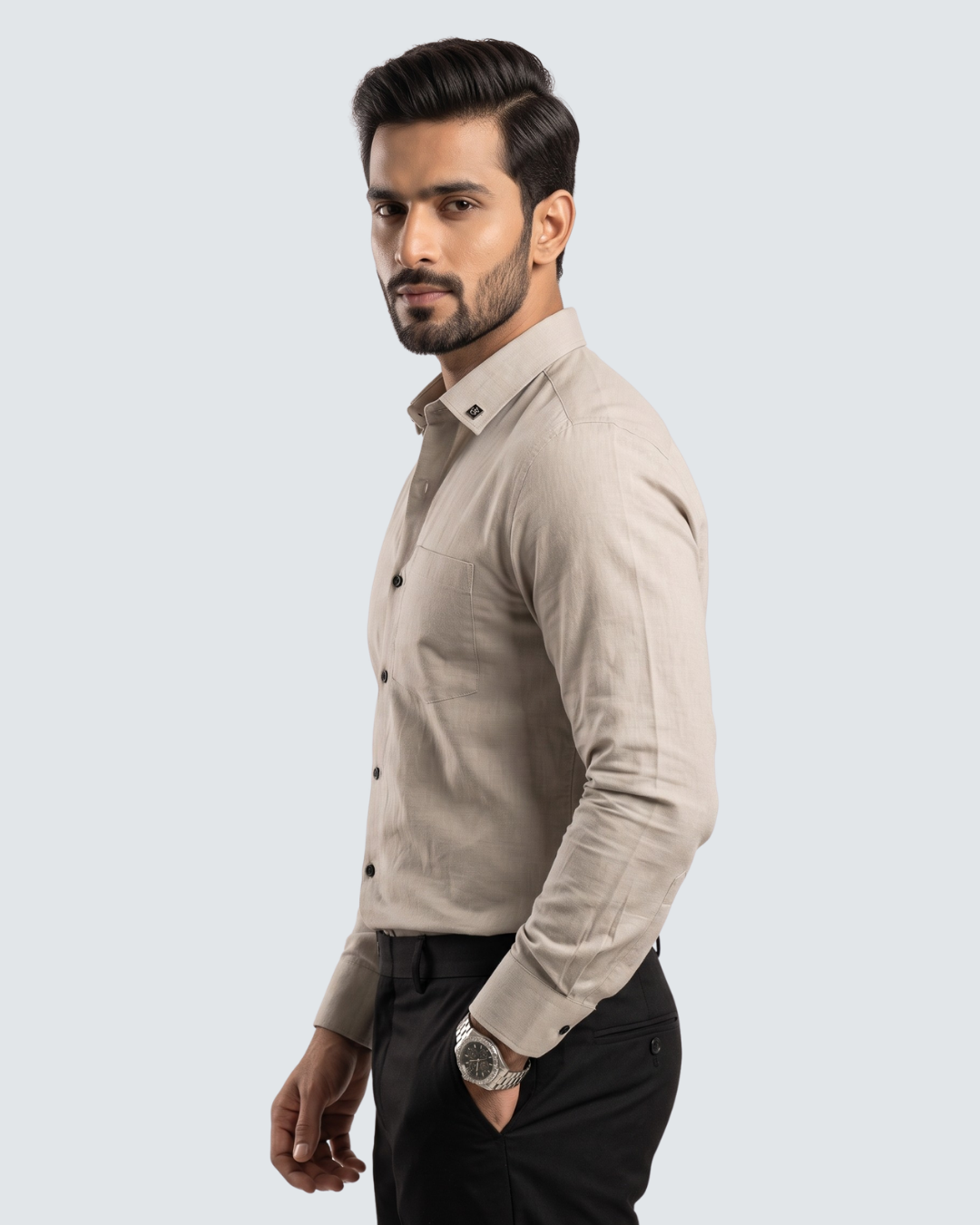 Fawn cotton button-up shirt with collar and front buttons, long sleeves