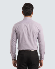 Light purple cotton shirt, back view with buttoned yoke and curved hem