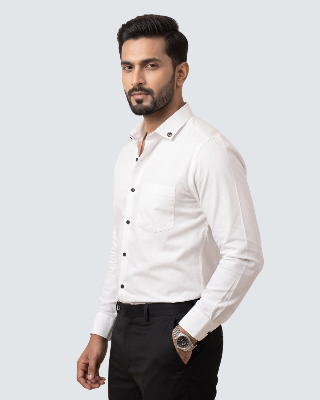 White cotton button-up shirt with pointed collar and chest pocket