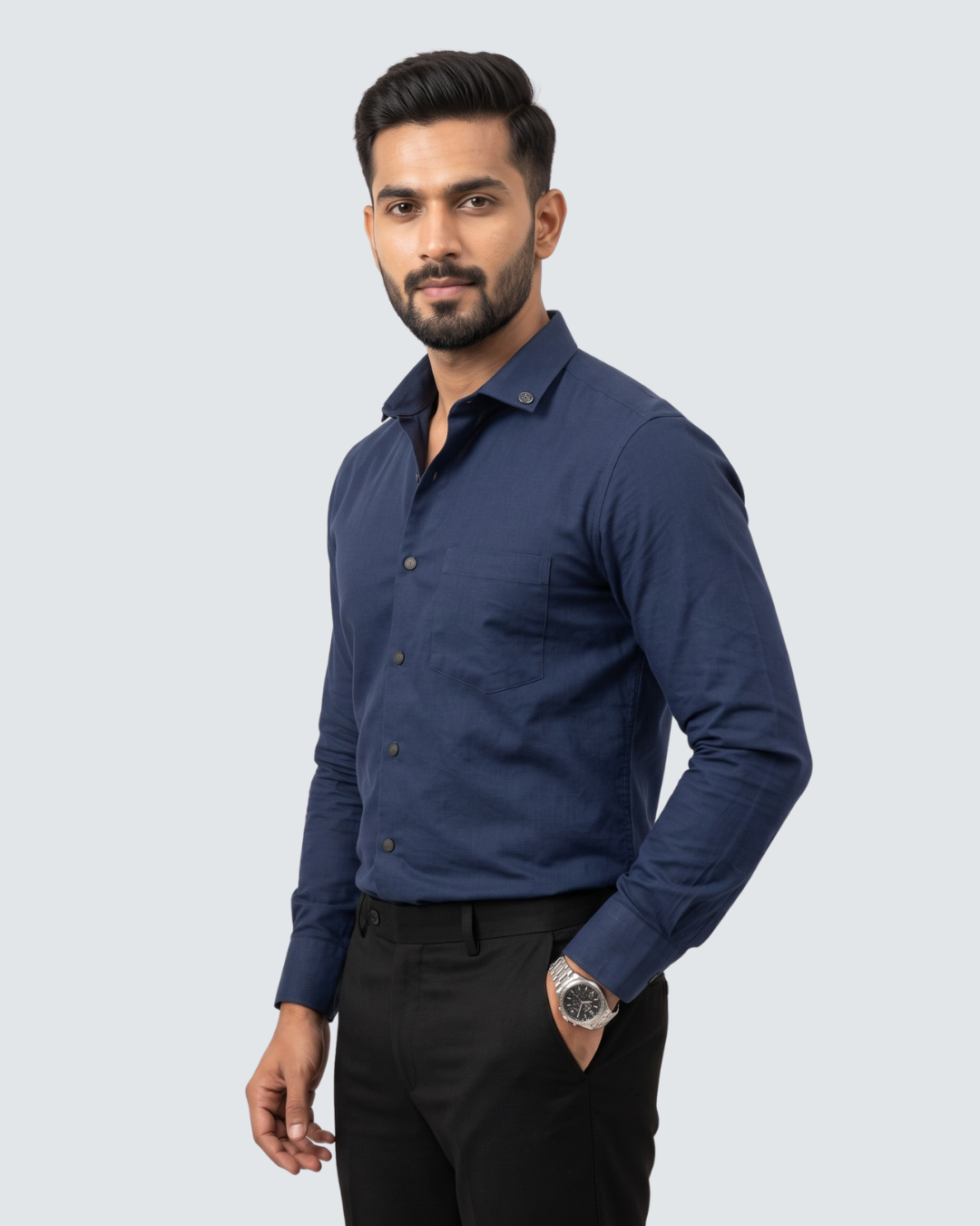 Navy cotton button-up shirt with long sleeves and chest pocket