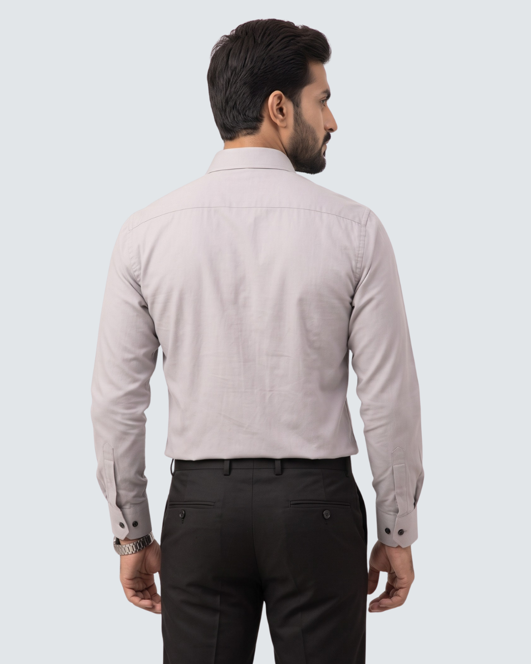 Light grey cotton dress shirt, back view with buttoned cuffs