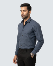 Dark grey cotton button-up shirt, front three-quarter view with turn-down collar