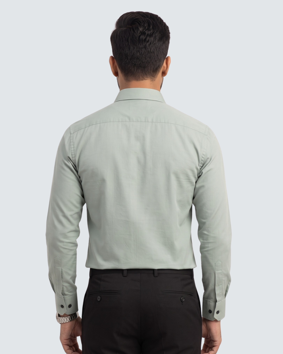 Light green cotton button-up shirt, back view with long sleeves and collar