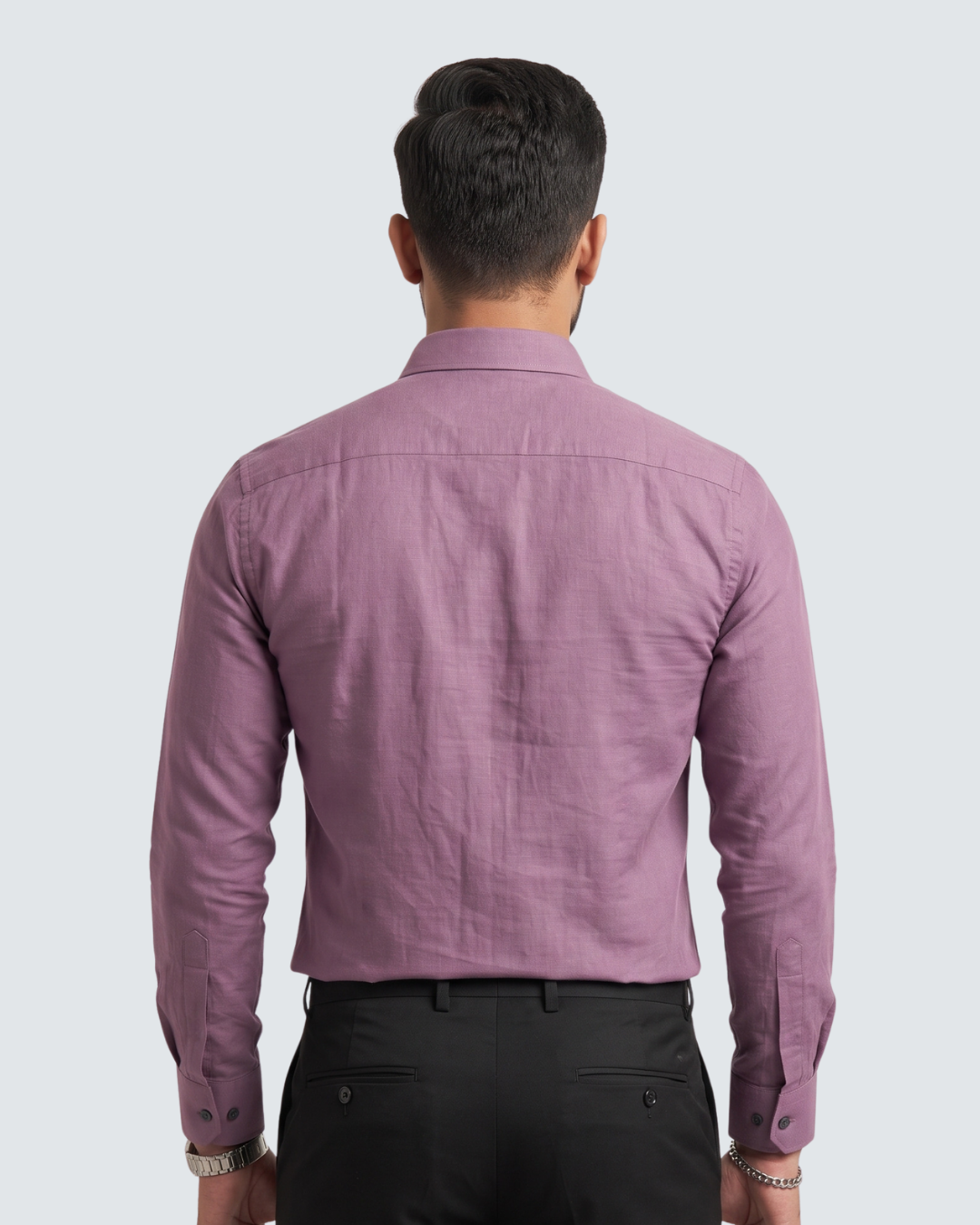 Lavender cotton button-up shirt, back view with collar and button placket