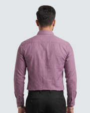 Lavender cotton button-up shirt, back view with collar and button placket