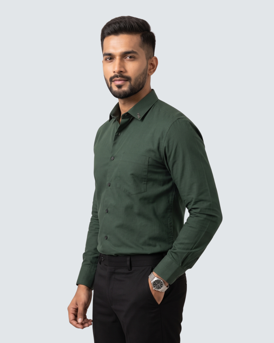 Bottle green cotton button-up shirt, long sleeves, front view with buttons