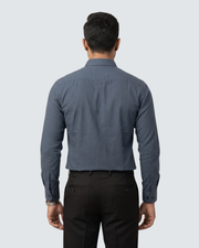 Dark grey cotton button-up shirt, back view with long sleeves and collar