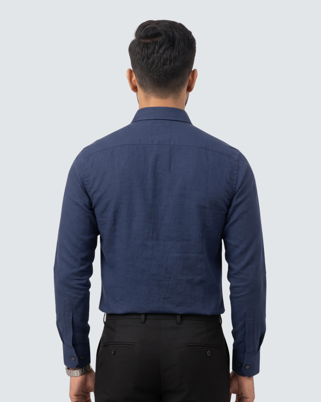 Navy cotton button-up shirt with back yoke and long sleeves