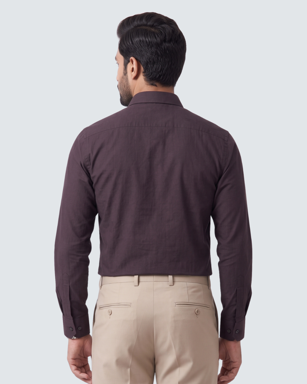 Dark purple cotton shirt, back view with buttoned collar and long sleeves