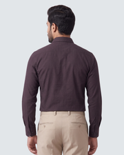 Dark purple cotton shirt, back view with buttoned collar and long sleeves
