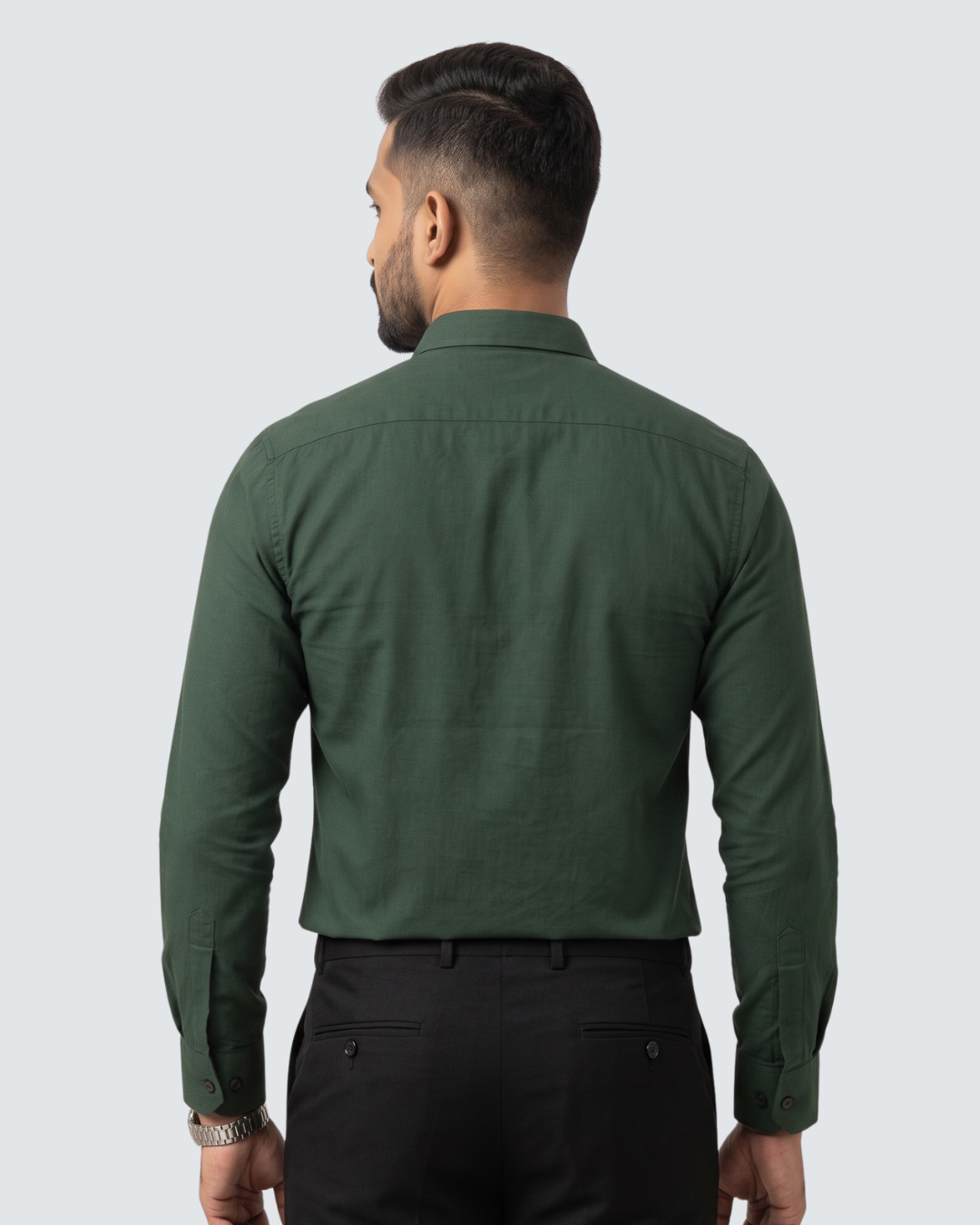 Bottle green cotton button-up shirt, long sleeves, back view with collar