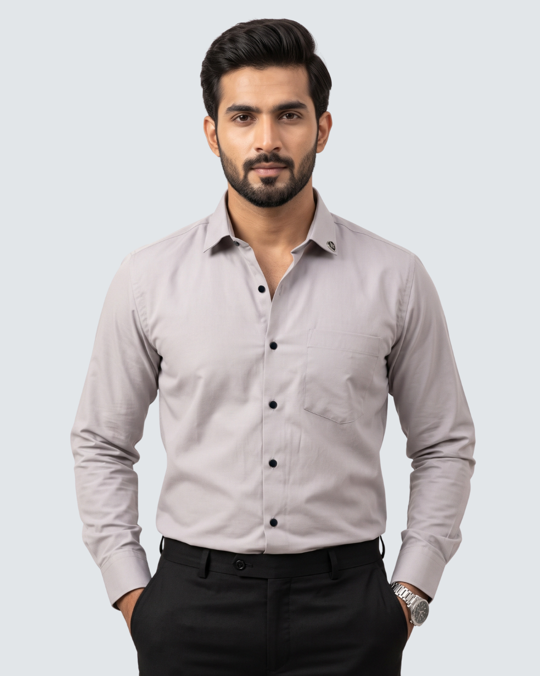 Light grey cotton dress shirt with button placket and chest pocket