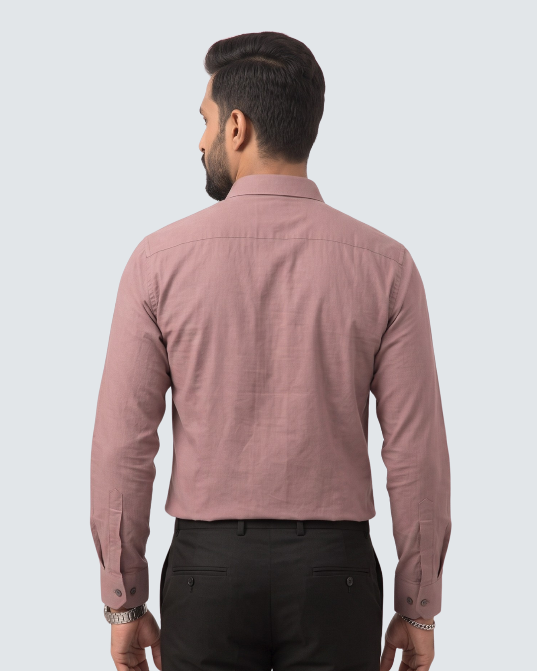 Men's mauve cotton pitch shirt back view with full sleeves and button placket.