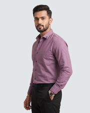 Lavender cotton button-up shirt with collar and long sleeves, side view
