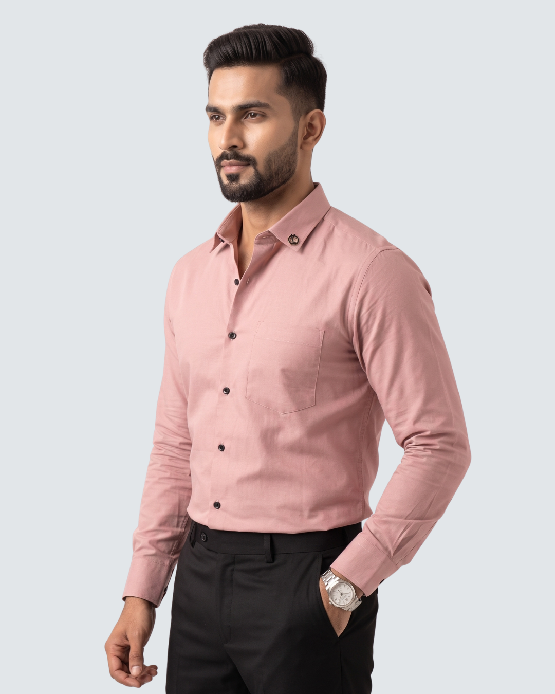 Pink cotton button-up shirt with button placket and chest pocket