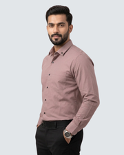 Men's mauve cotton pitch shirt side view, button-front and chest pocket.