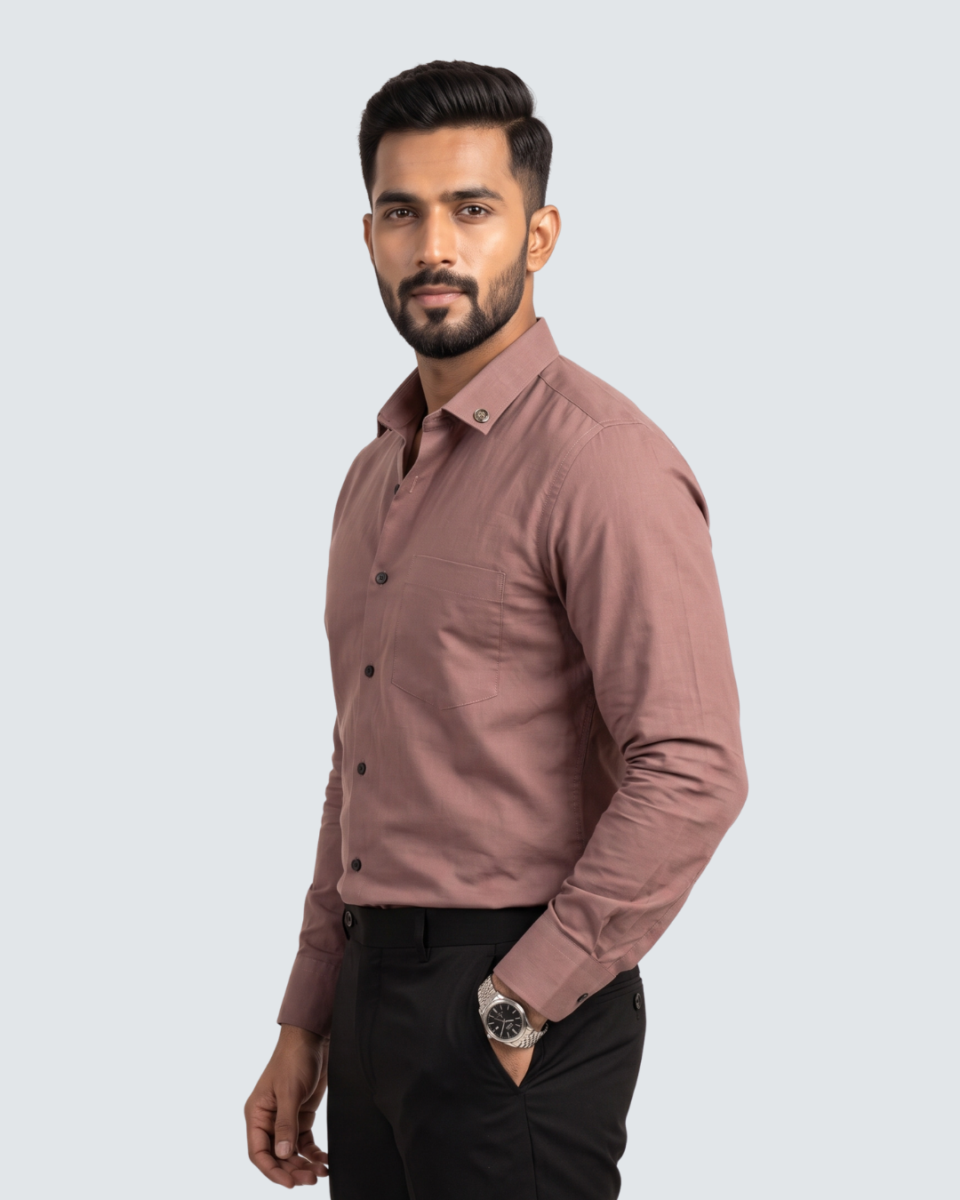 Dusty rose cotton button-up shirt, front side view with collar and chest buttons.