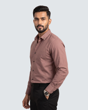 Dusty rose cotton button-up shirt, front side view with collar and chest buttons.