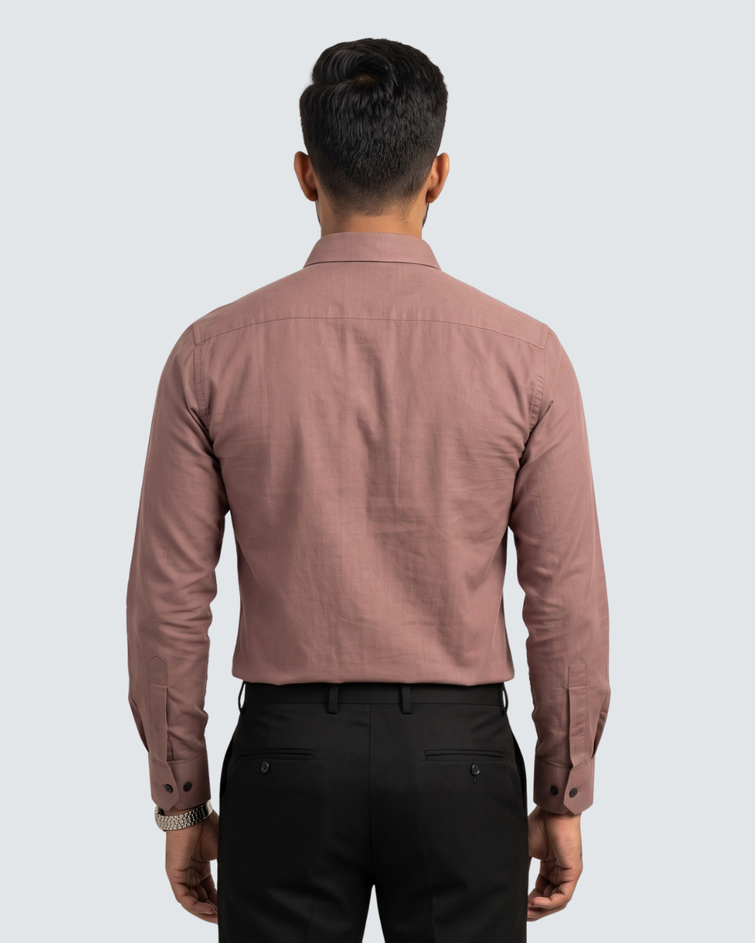 Dusty rose cotton dress shirt, back view with button-up yoke and cuffs.