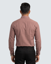 Dusty rose cotton dress shirt, back view with button-up yoke and cuffs.