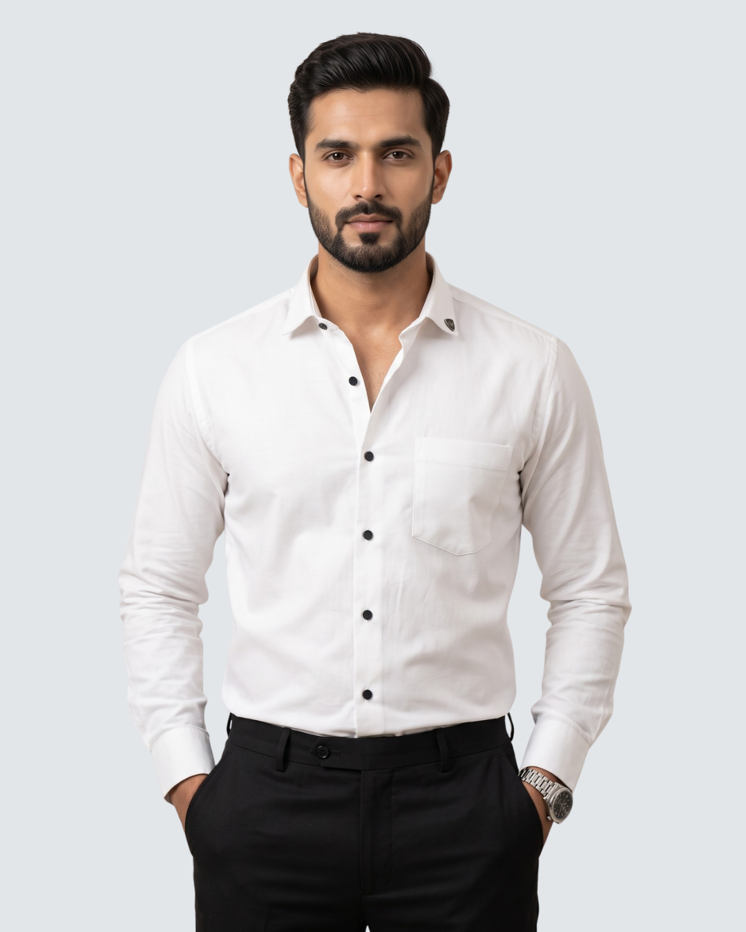 White cotton button-up shirt front view with long sleeves and button placket