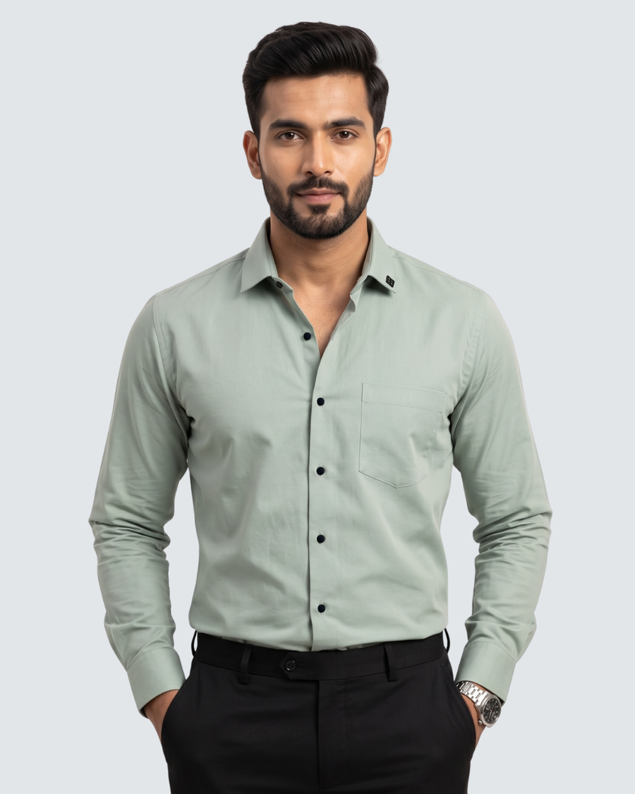 Light green cotton dress shirt with button placket and chest pocket, front view