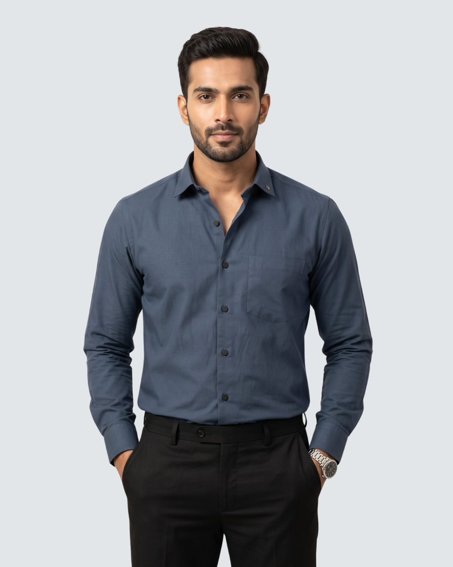 Dark grey cotton button-up shirt, front view with long sleeves and button placket